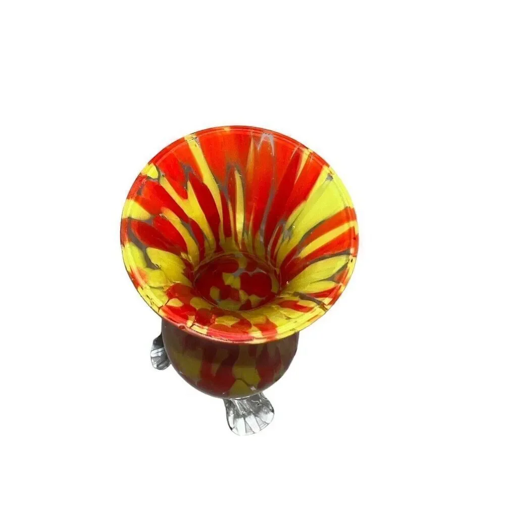 VTG Franz Welz Red and Yellow Spatter Vase on Clear glass Strutted Tripod Legs